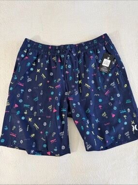 Hurley Men’s Navy Swim Shorts with Neon Tropical Icons